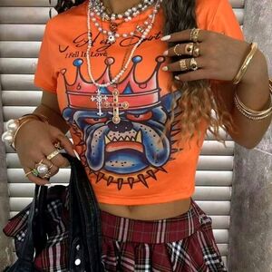 SHEIN Orange Bulldog Graphic Crop Top